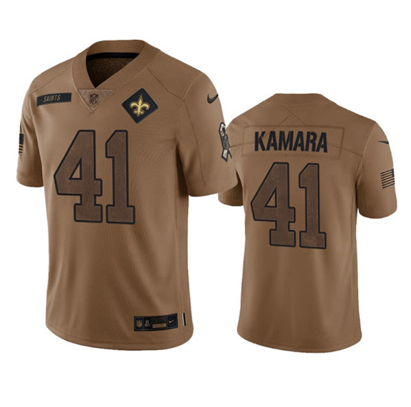 Men s New Orleans Saints Alvin Kamara 2023 Brown Salute To Service Limited Stitched Jersey