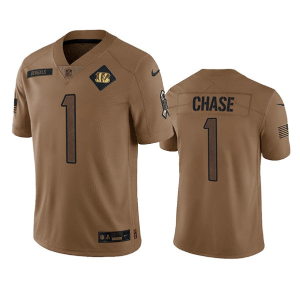Men s Cincinnati Bengals a Marr Chase 2023 Brown Salute To Service Limited Stitched Jersey