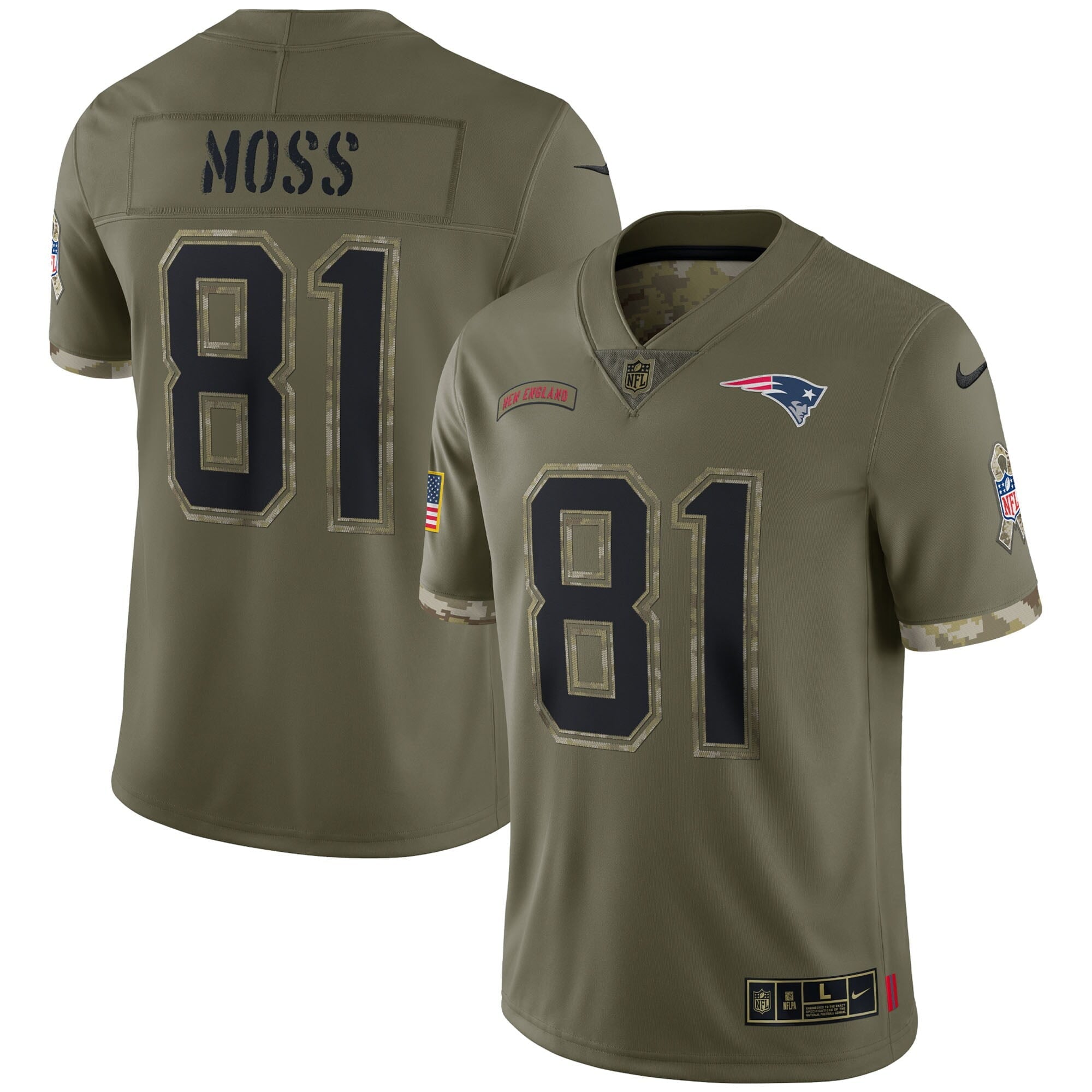 Men s Nike Randy Moss Olive New England Patriots 2022 Salute To Service Retired Player Limited Jersey