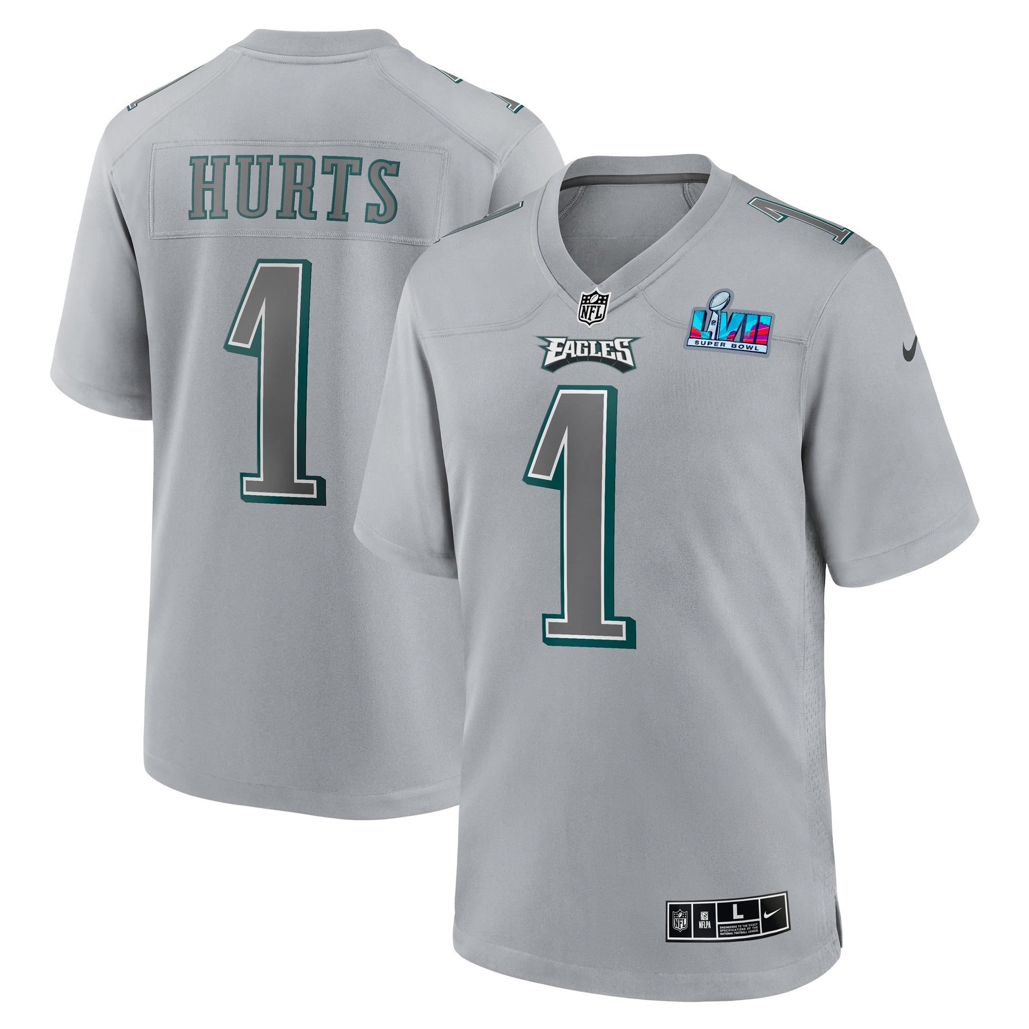 Jalen Hurts Philadelphia Eagles Nike Super Bowl LVII Patch Atmosphere Fashion Game Jersey   Gray