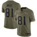 Randy Moss New England Patriots 2022 Salute To Service Retired Player Limited Jersey   Olive