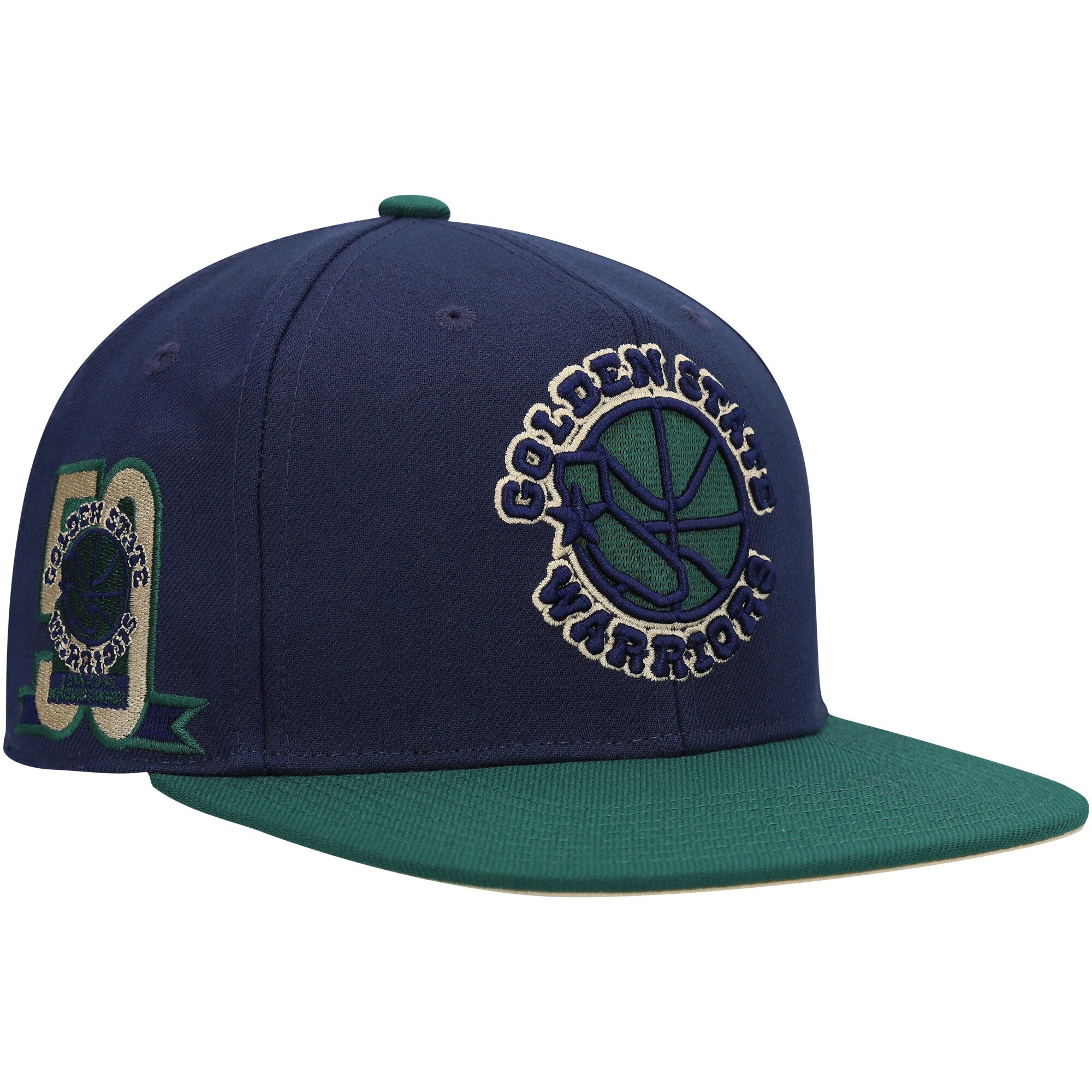 Golden State Warriors Mitchell & Ness 50th Anniversary Hardwood Classics Grassland Fitted Hat - Navy/Green