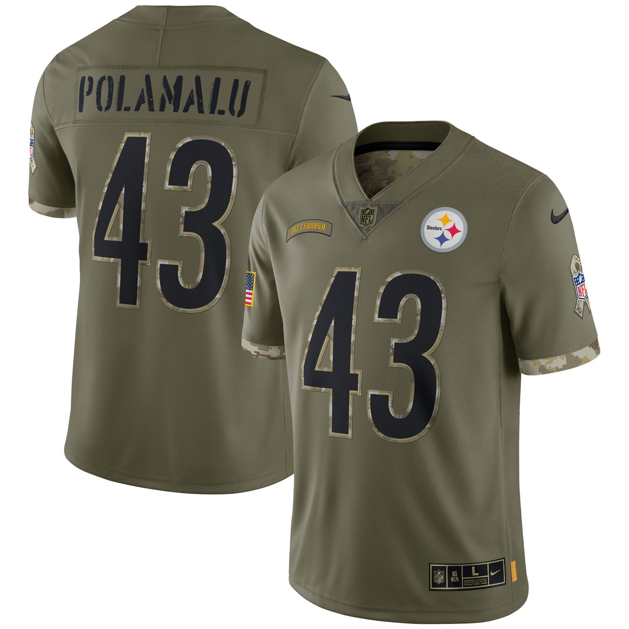 Men s Nike Troy Polamalu Olive Pittsburgh Steelers 2022 Salute To Service Retired Player Limited Jersey