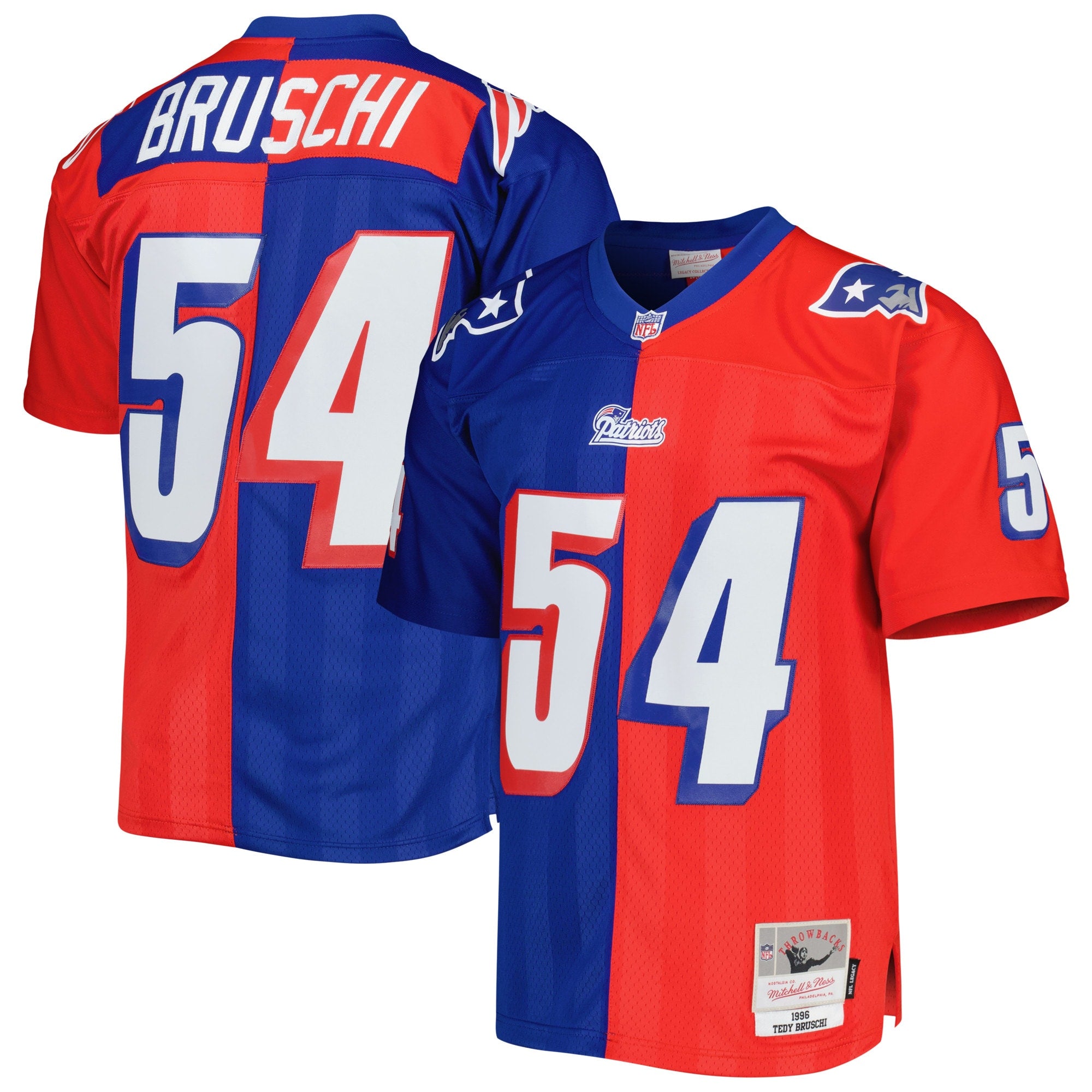 Tedy Bruschi New England Patriots Mitchell   Ness 1996 Split Legacy Replica Jersey   Royal/Red