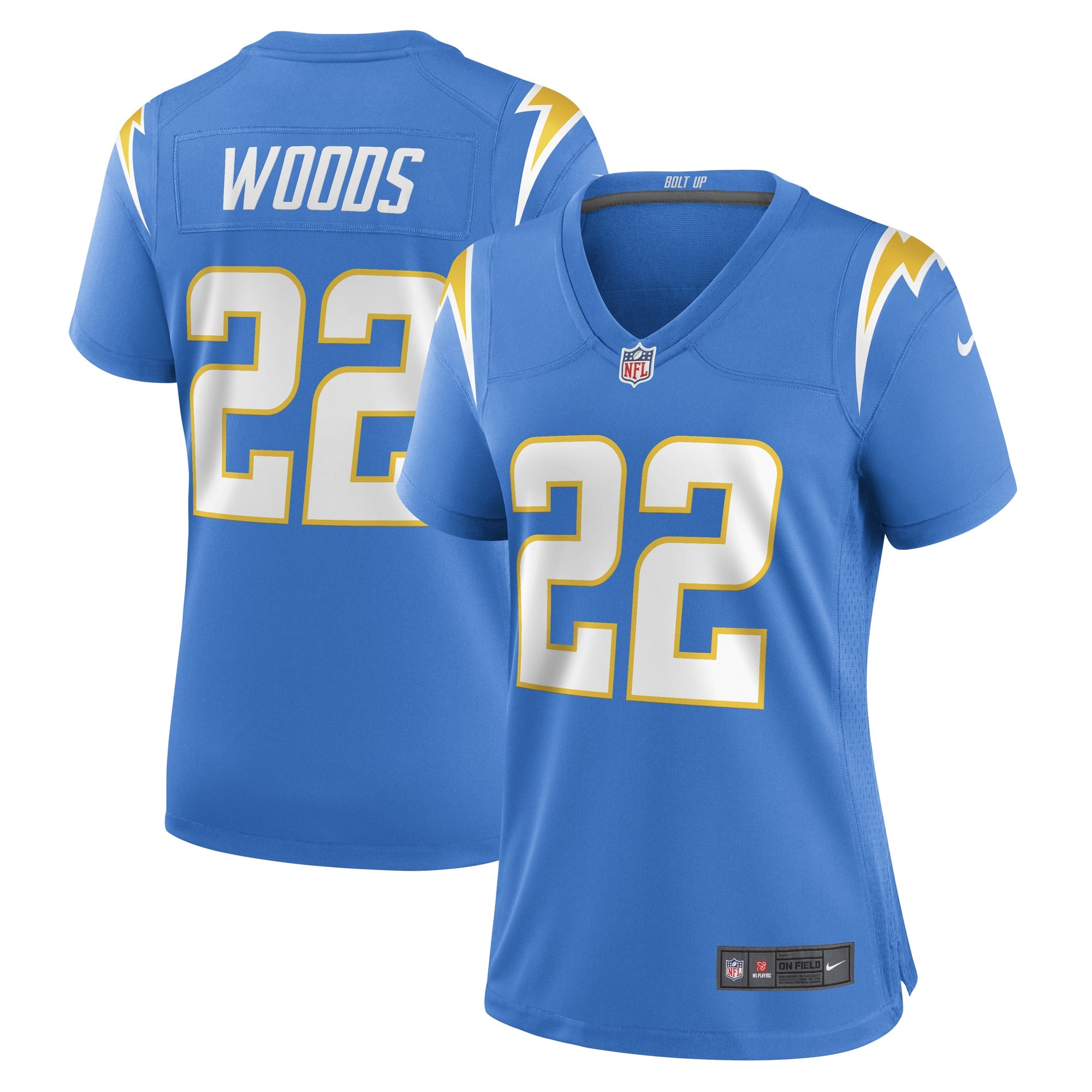 JT Woods Los Angeles Chargers Nike Women s Game Player Jersey   Powder Blue