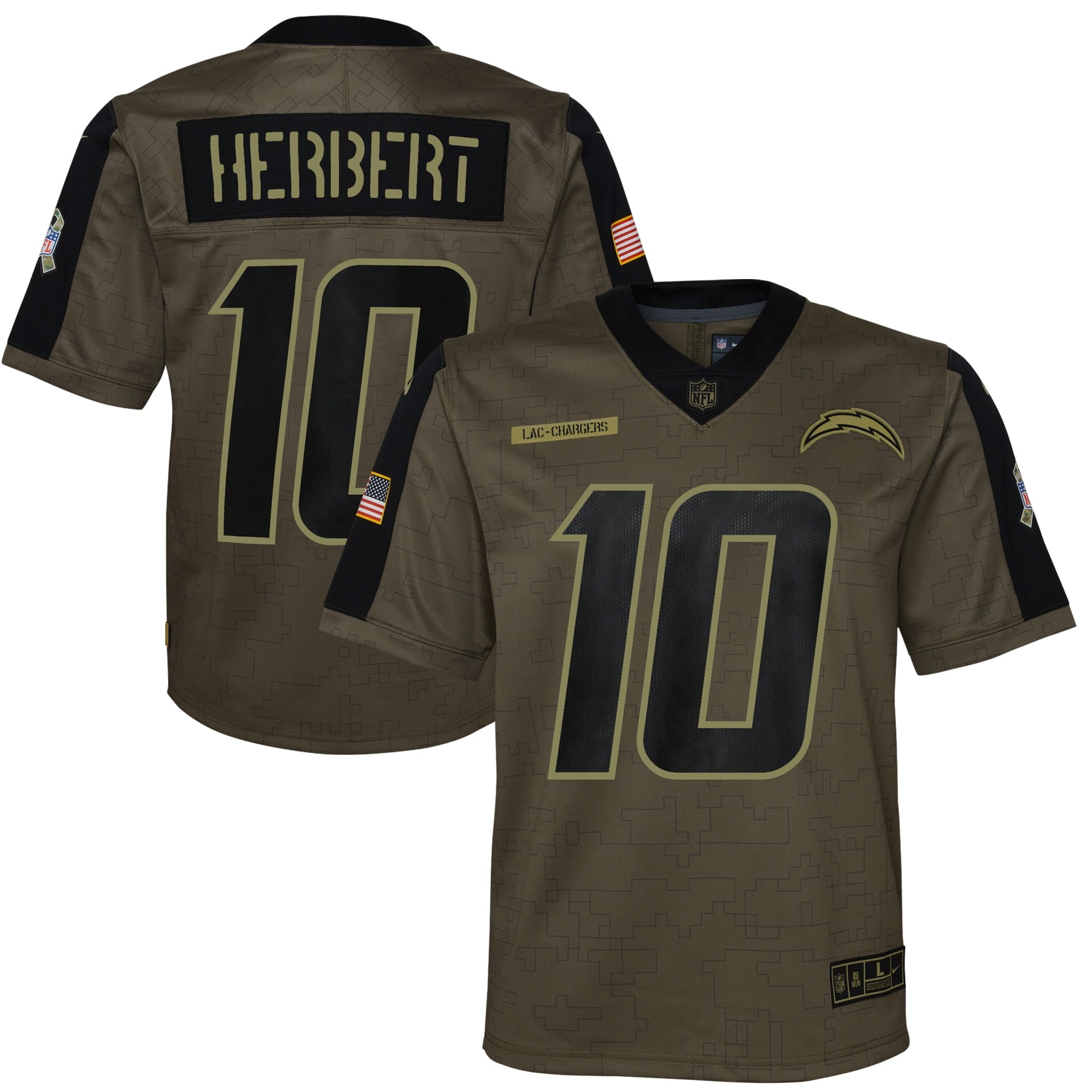 Justin Herbert Los Angeles Chargers Nike Youth 2021 Salute To Service Game Jersey   Olive