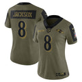 Lamar Jackson Baltimore Ravens Nike Women s 2021 Salute To Service Limited Player Jersey   Olive
