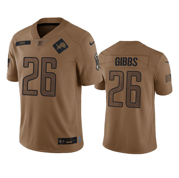 Men s Detroit Lions Jahmyr Gibbs 2023 Brown Salute To Service Limited Stitched Jersey