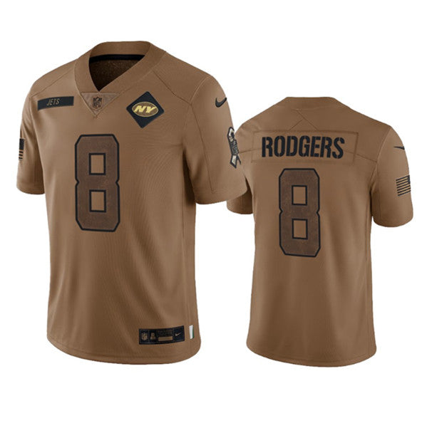 Men s New York Jets Aaron Rodgers 2023 Brown Salute To Service Limited Stitched Jersey